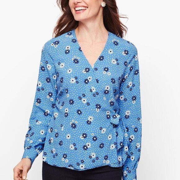 Talbots Blue and White Poet Sleeve Wrap Top - Picture 1 of 10